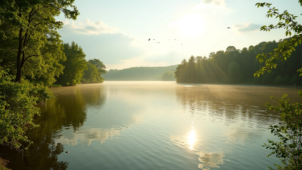Skaista ainava ar lielu propenet, zaļi koki apkārt, saulains laiks, putnu skraidīšana, miermīlīga vidējā vasaras atmosfēra