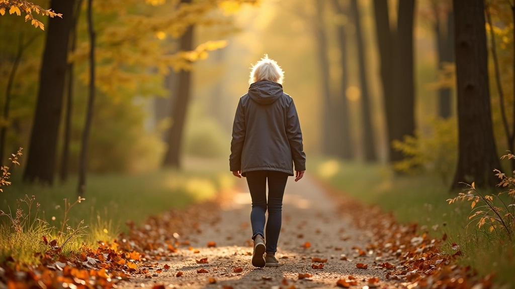 Sieviete staigā meža takā rudens sezonā, pamanāmi lapas uz zemes